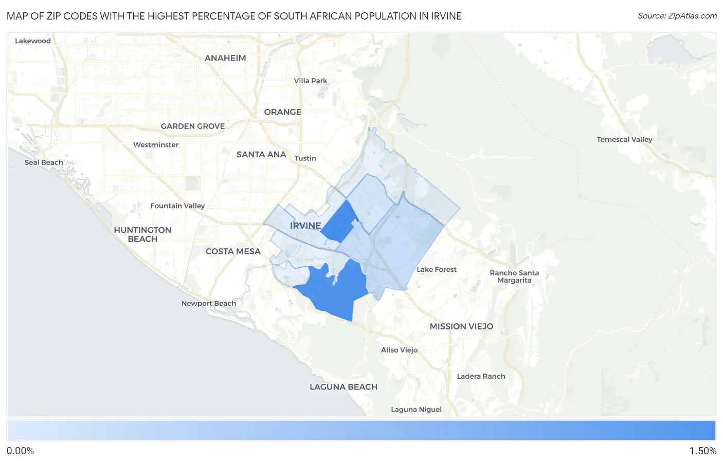 Zip Codes with the Highest Percentage of South African Population in Irvine Map