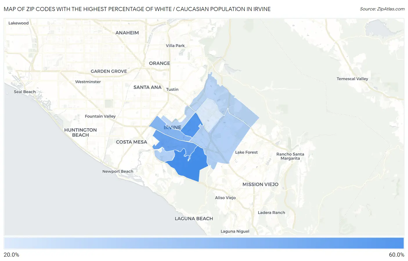 Zip Codes with the Highest Percentage of White / Caucasian Population in Irvine Map