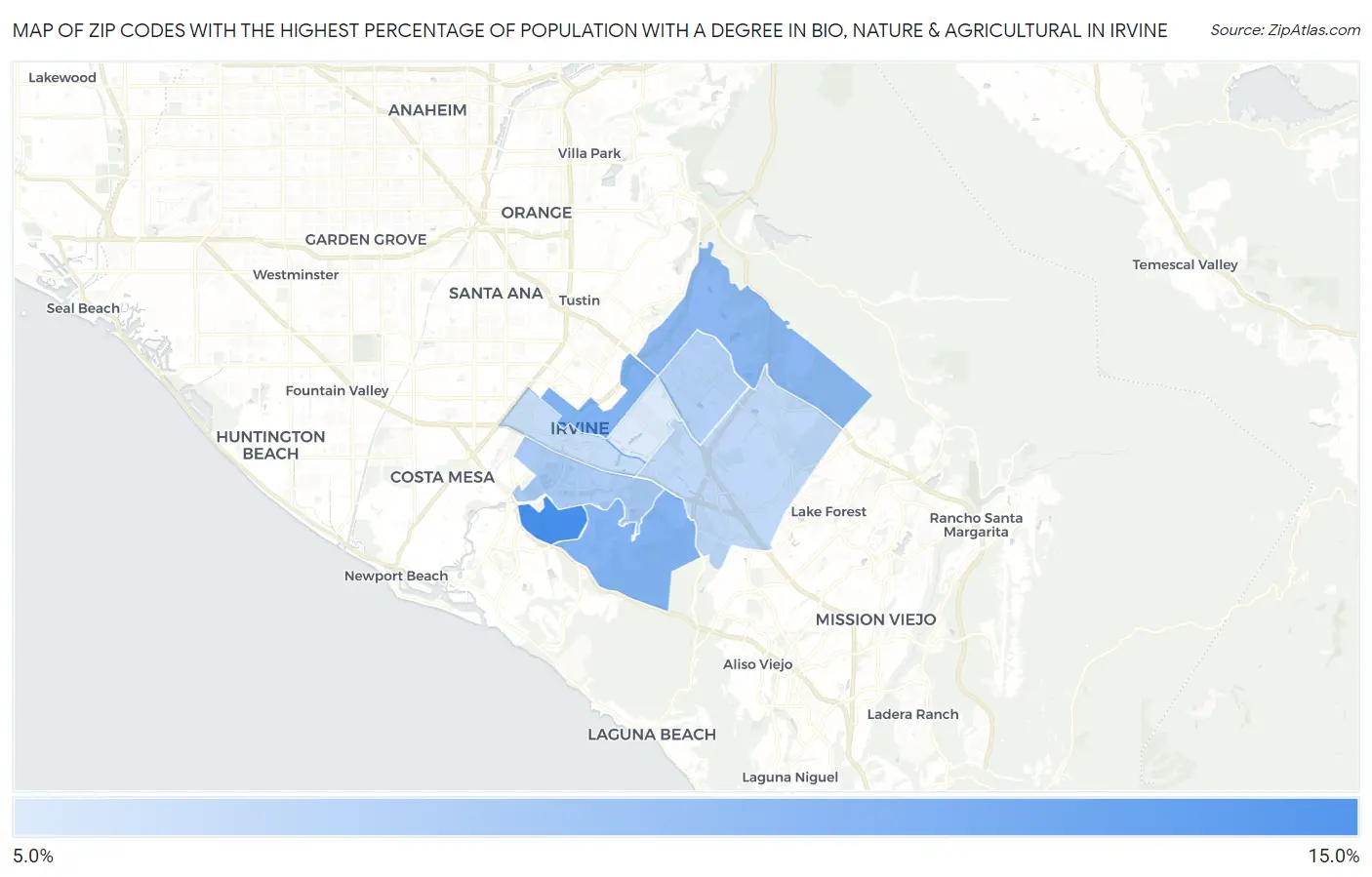 Zip Codes with the Highest Percentage of Population with a Degree in Bio, Nature & Agricultural in Irvine Map