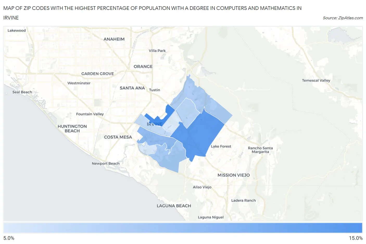 Zip Codes with the Highest Percentage of Population with a Degree in Computers and Mathematics in Irvine Map