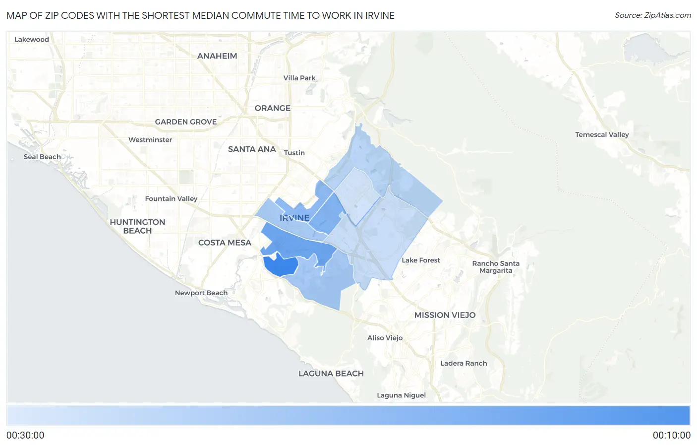 Zip Codes with the Shortest Median Commute Time to Work in Irvine Map