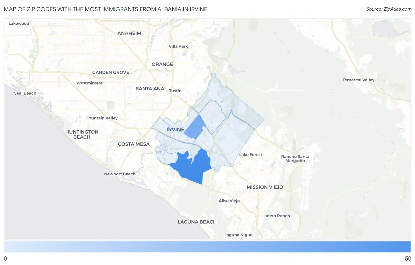 Zip Codes with the Most Immigrants from Albania in Irvine Map