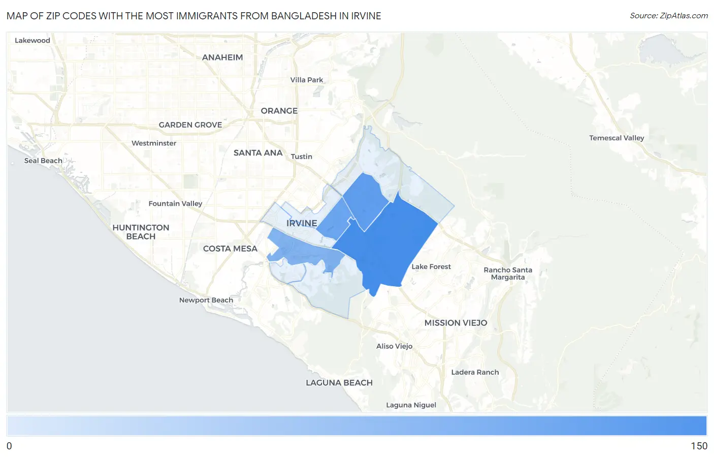 Zip Codes with the Most Immigrants from Bangladesh in Irvine Map