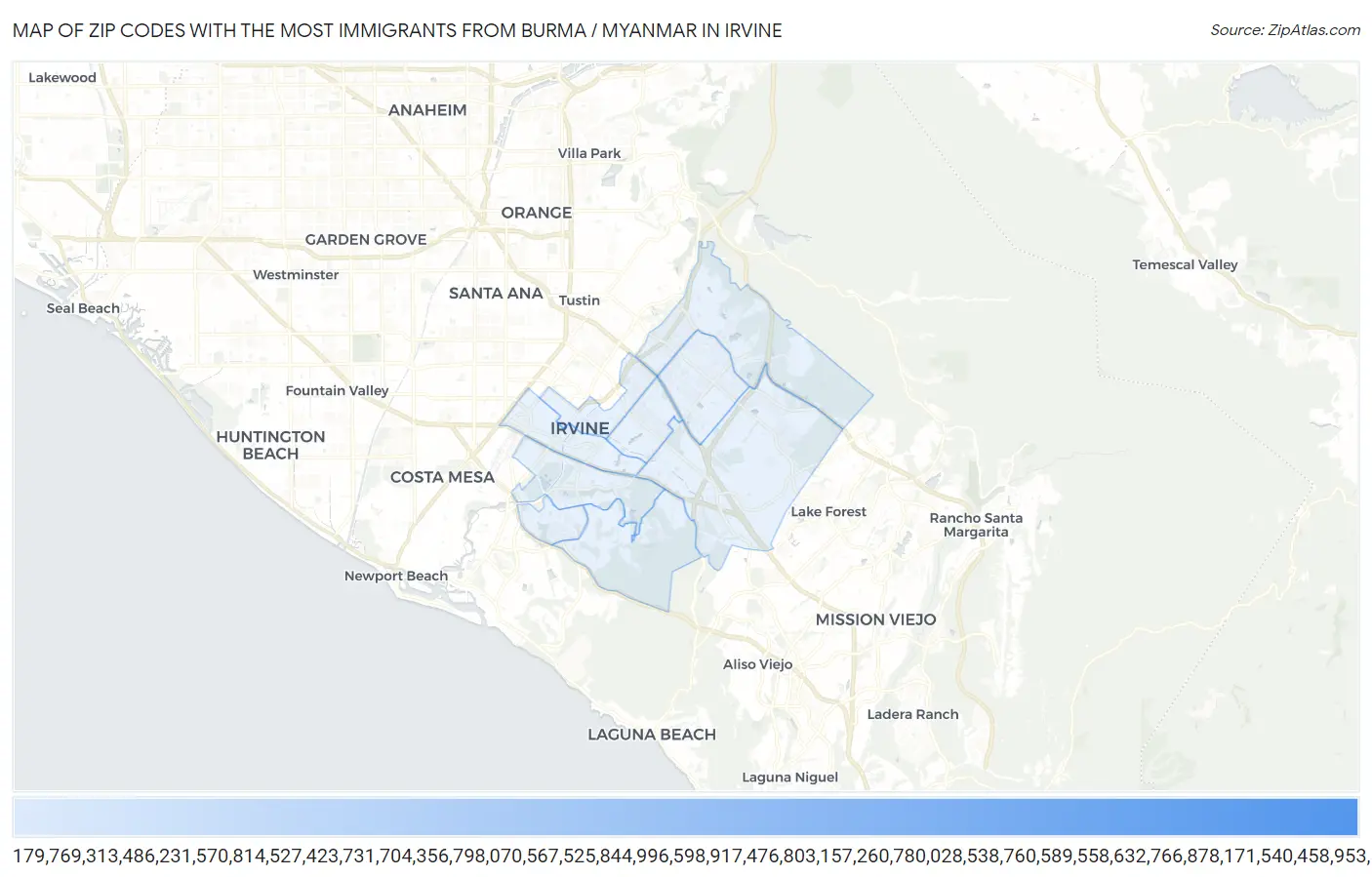 Zip Codes with the Most Immigrants from Burma / Myanmar in Irvine Map