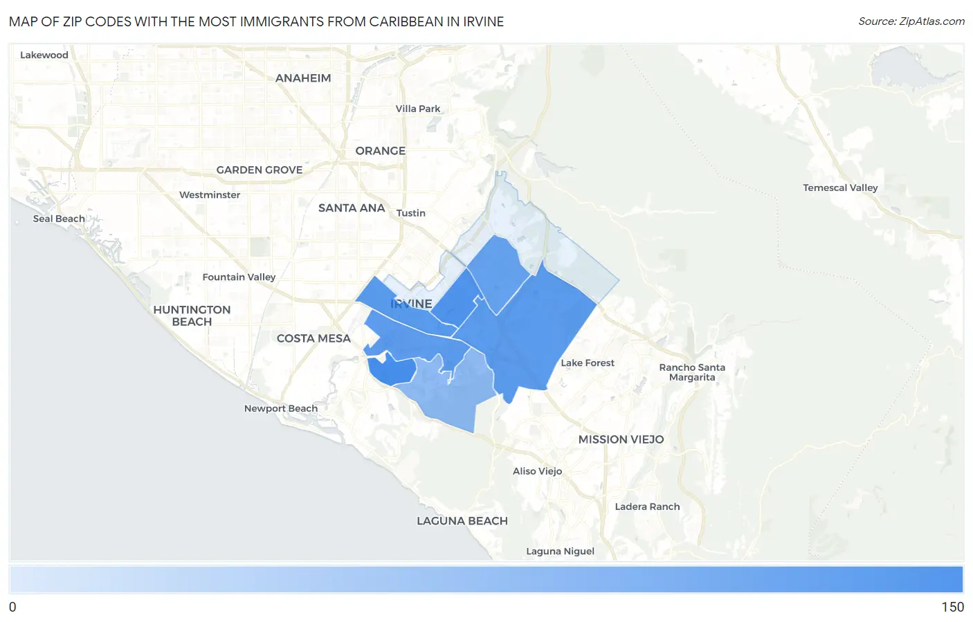Zip Codes with the Most Immigrants from Caribbean in Irvine Map