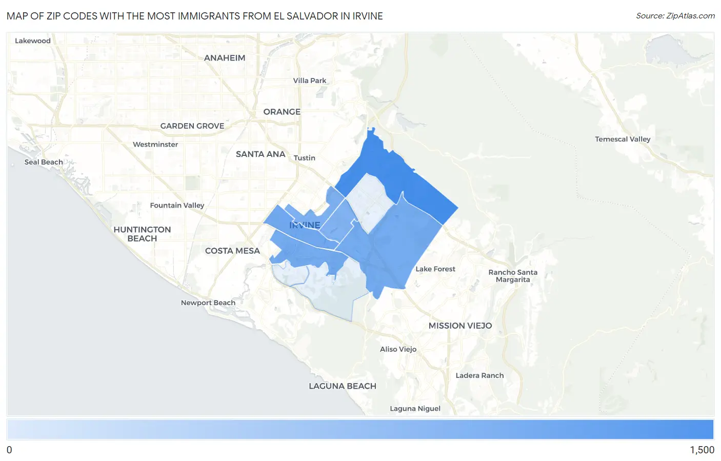 Zip Codes with the Most Immigrants from El Salvador in Irvine Map