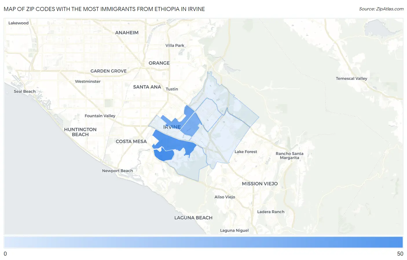 Zip Codes with the Most Immigrants from Ethiopia in Irvine Map