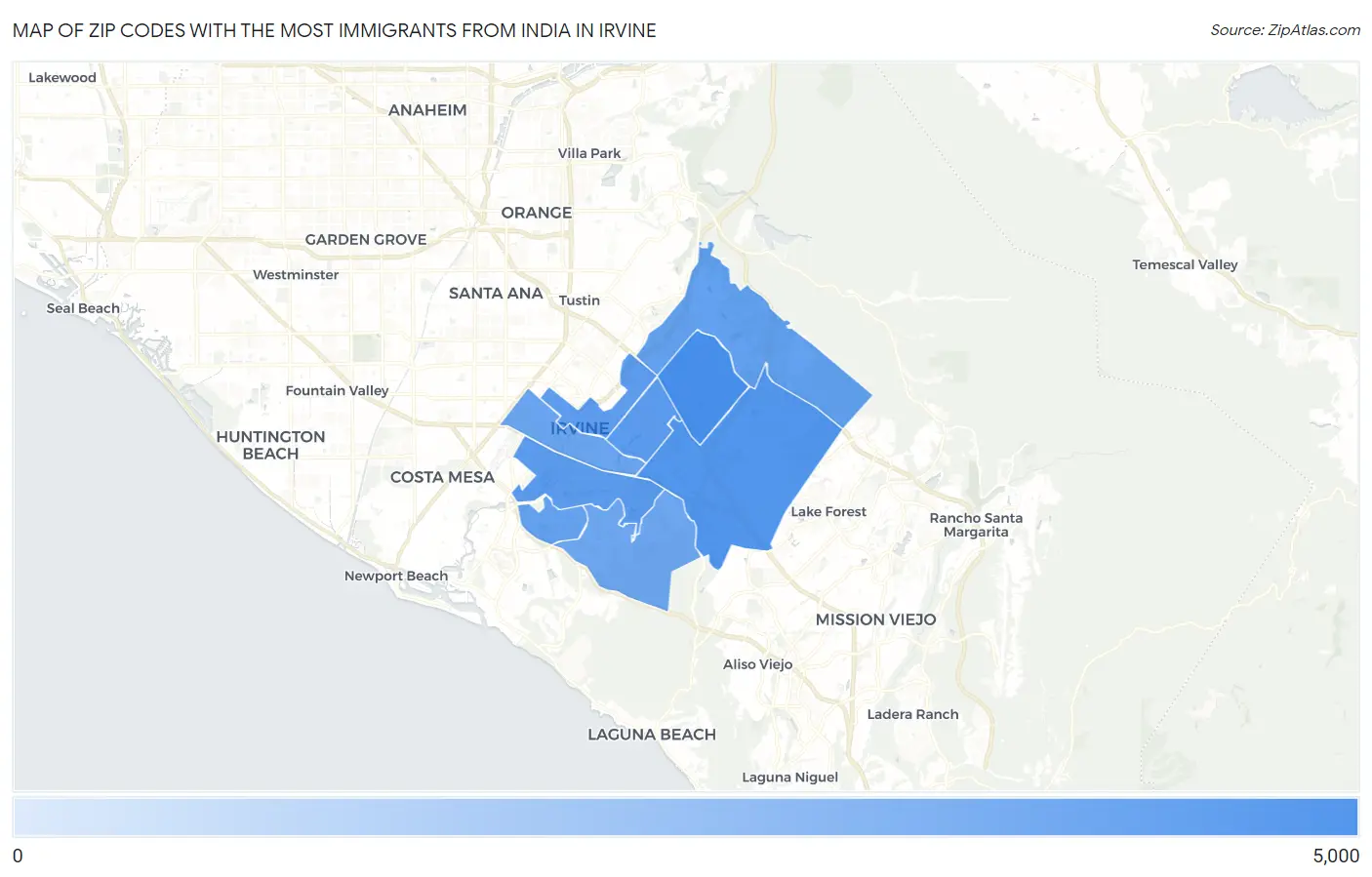 Zip Codes with the Most Immigrants from India in Irvine Map