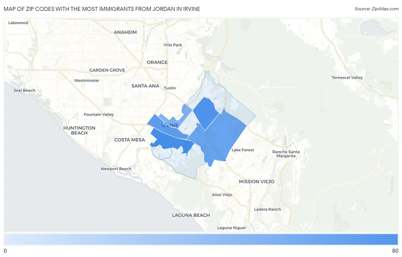Zip Codes with the Most Immigrants from Jordan in Irvine Map