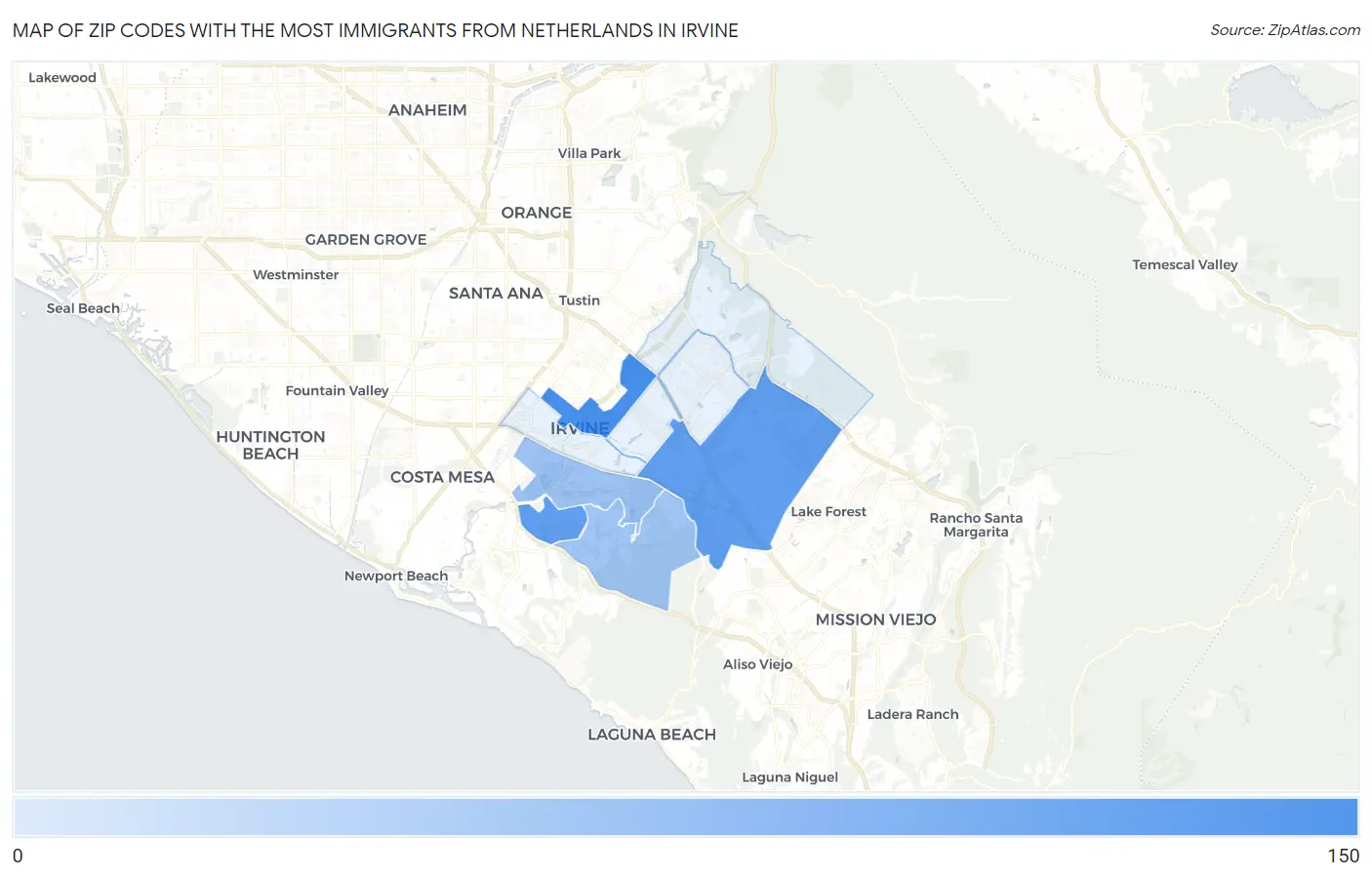 Zip Codes with the Most Immigrants from Netherlands in Irvine Map