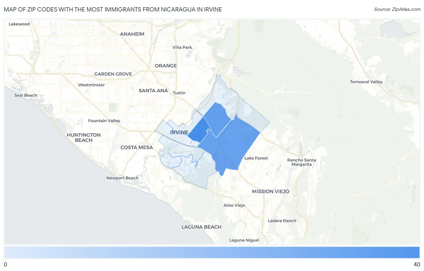 Zip Codes with the Most Immigrants from Nicaragua in Irvine Map