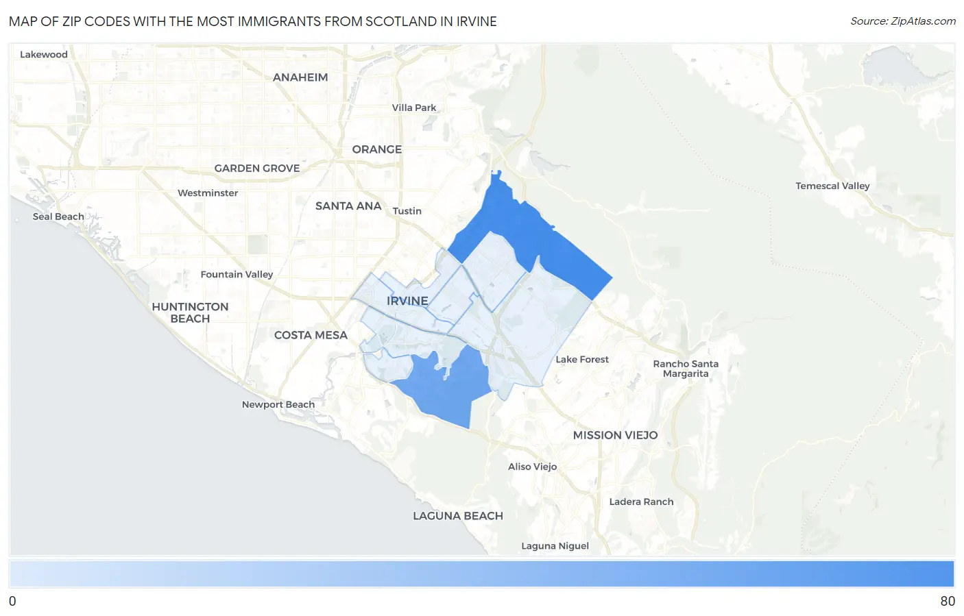 Zip Codes with the Most Immigrants from Scotland in Irvine Map