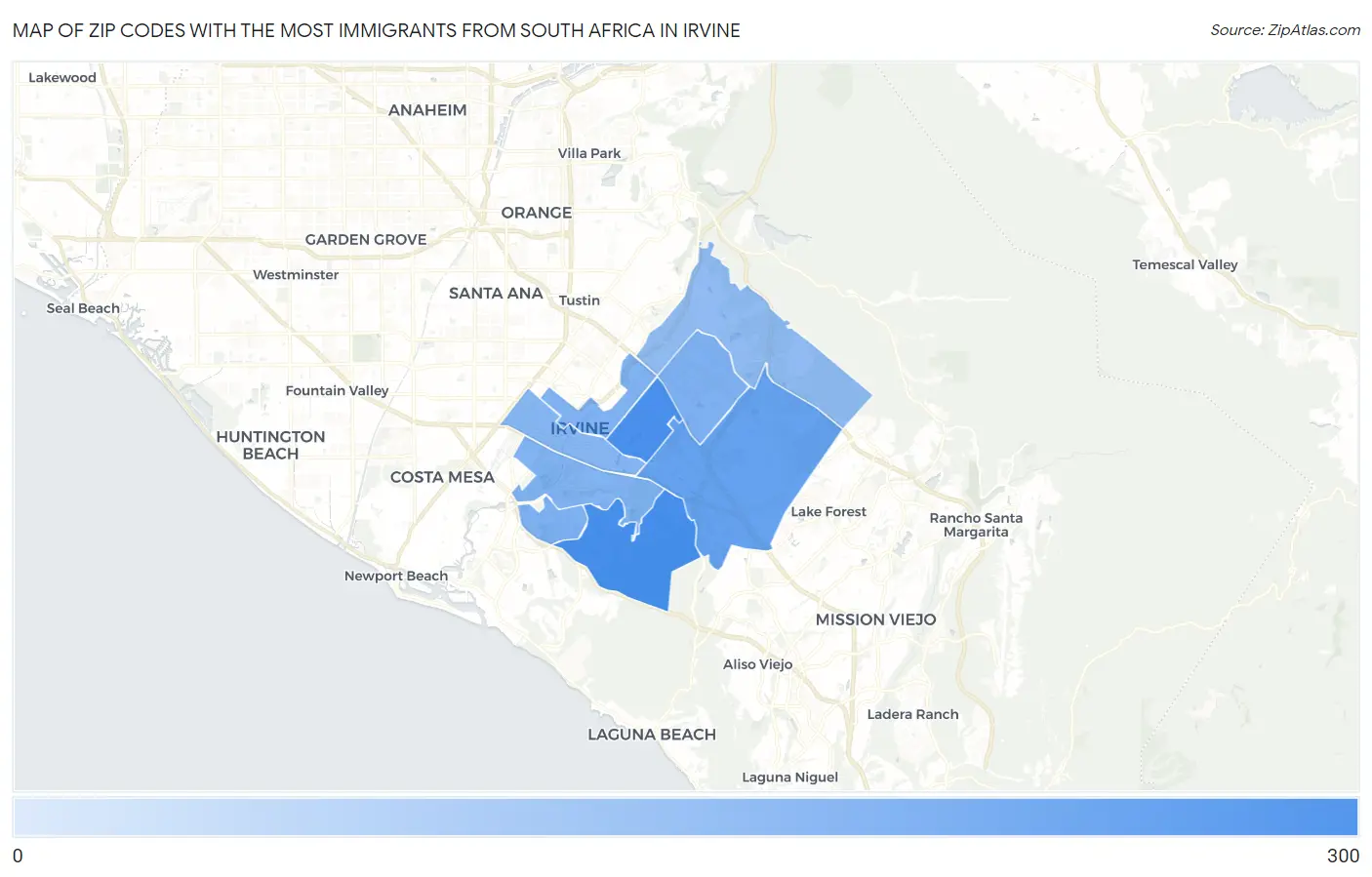 Zip Codes with the Most Immigrants from South Africa in Irvine Map