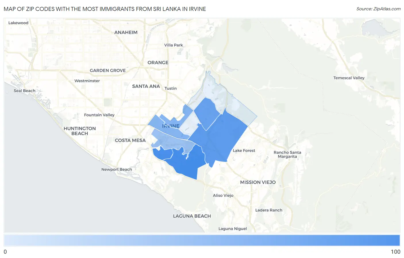 Zip Codes with the Most Immigrants from Sri Lanka in Irvine Map
