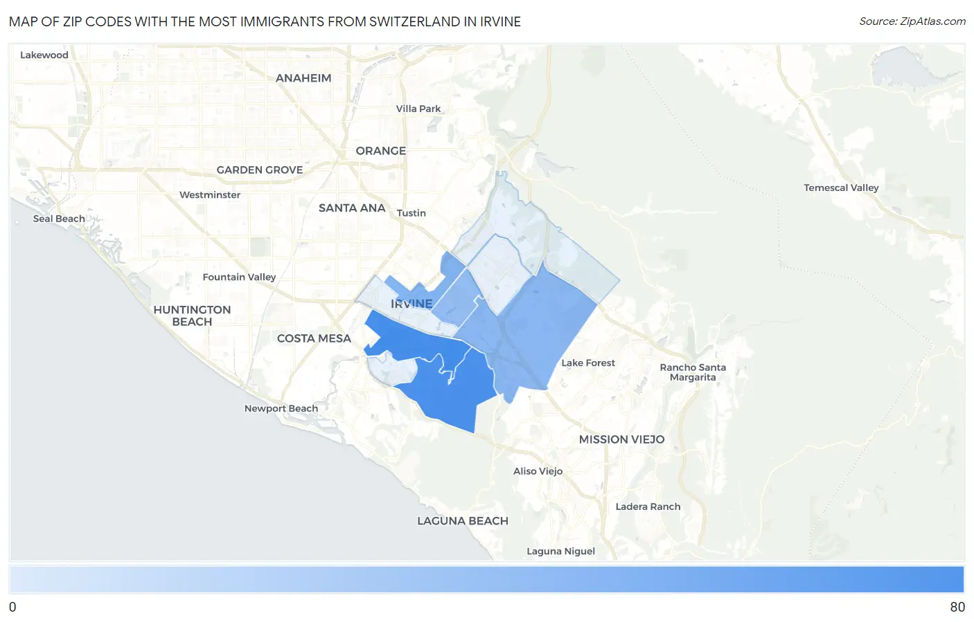 Zip Codes with the Most Immigrants from Switzerland in Irvine Map