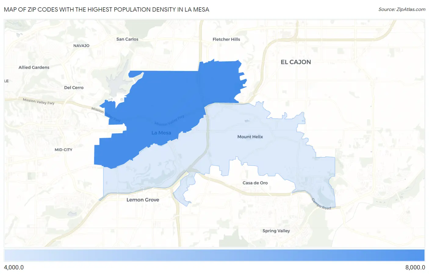 Zip Codes with the Highest Population Density in La Mesa Map