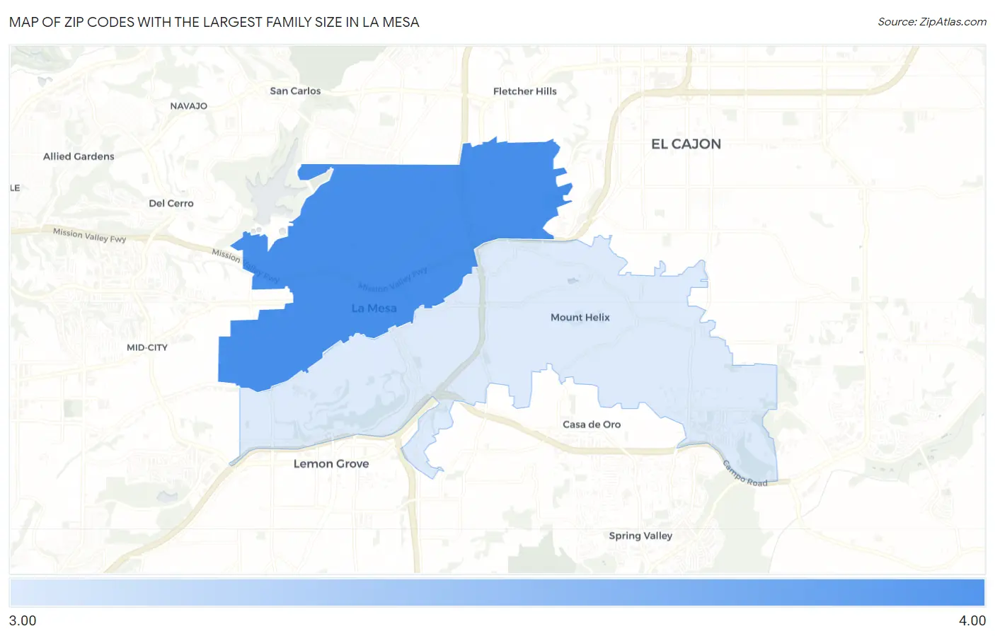 Zip Codes with the Largest Family Size in La Mesa Map