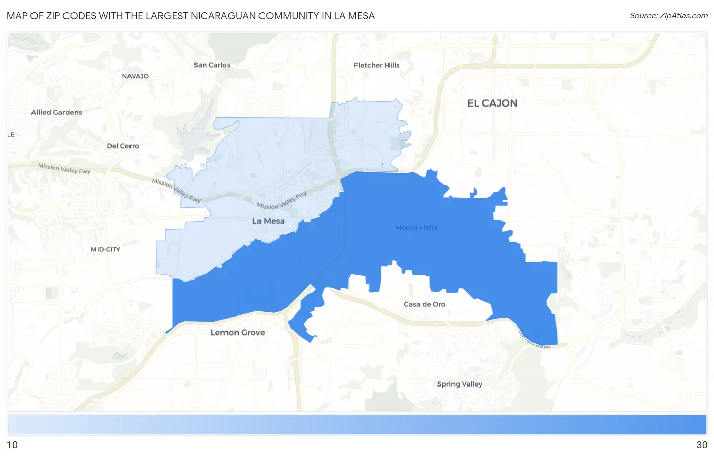 Zip Codes with the Largest Nicaraguan Community in La Mesa Map