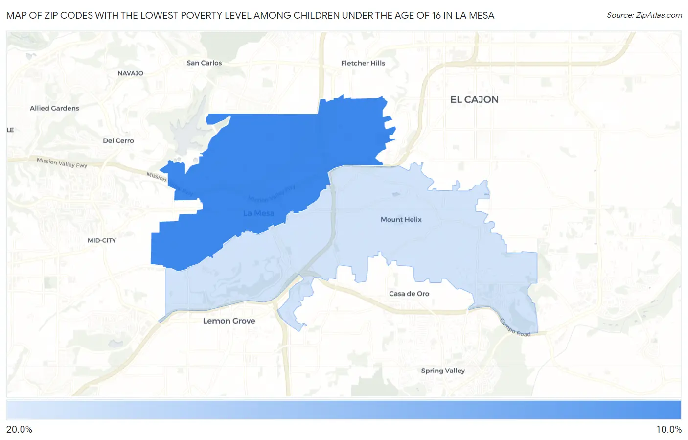 Zip Codes with the Lowest Poverty Level Among Children Under the Age of 16 in La Mesa Map