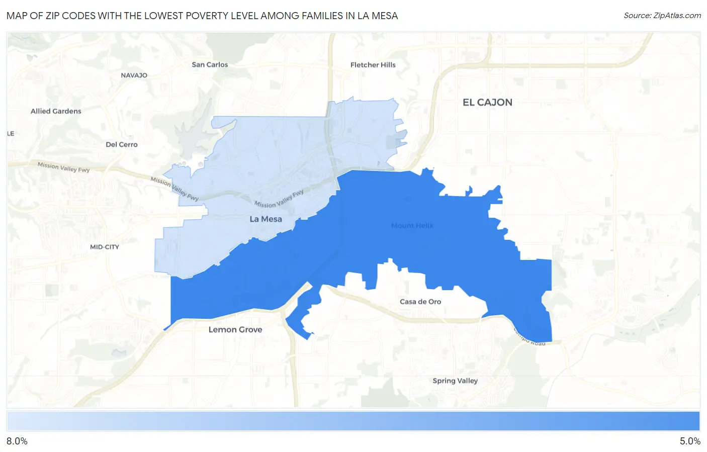 Zip Codes with the Lowest Poverty Level Among Families in La Mesa Map
