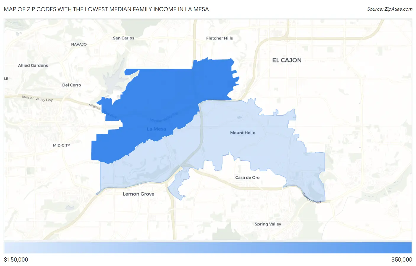 Zip Codes with the Lowest Median Family Income in La Mesa Map