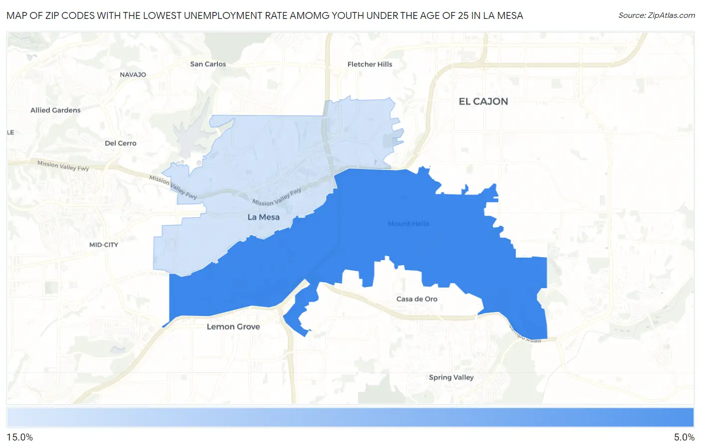 Zip Codes with the Lowest Unemployment Rate Amomg Youth Under the Age of 25 in La Mesa Map