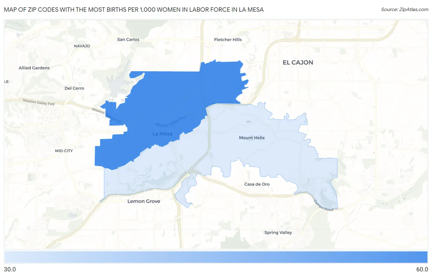 Zip Codes with the Most Births per 1,000 Women in Labor Force in La Mesa Map