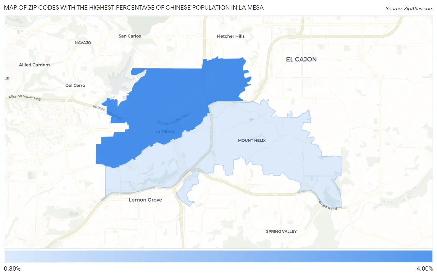 Zip Codes with the Highest Percentage of Chinese Population in La Mesa Map