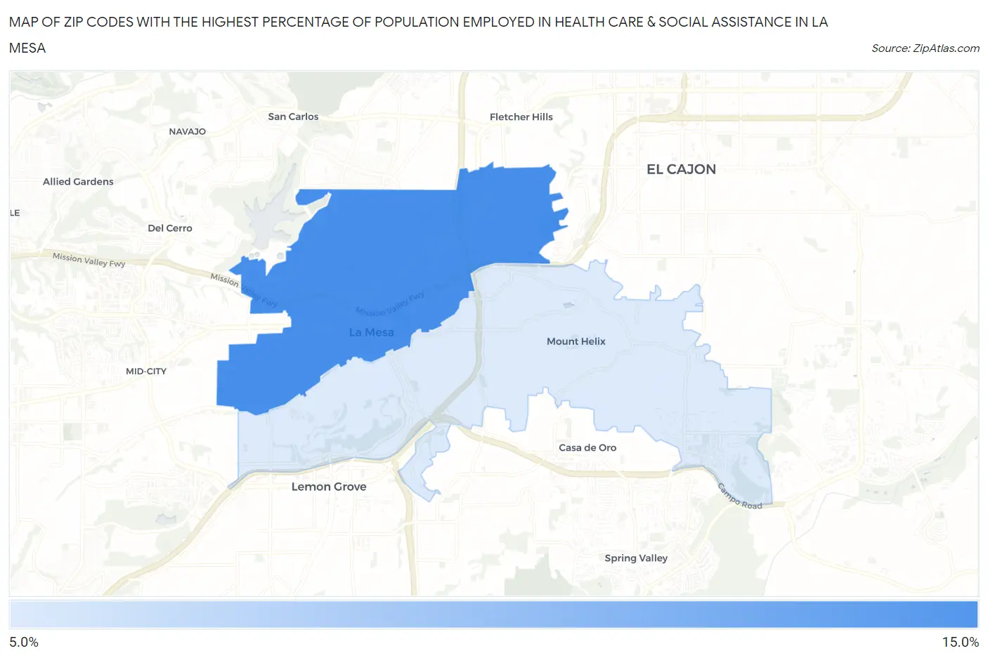Zip Codes with the Highest Percentage of Population Employed in Health Care & Social Assistance in La Mesa Map