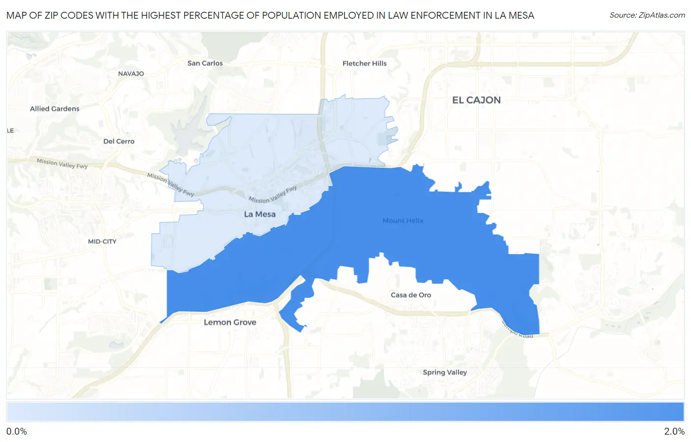 Zip Codes with the Highest Percentage of Population Employed in Law Enforcement in La Mesa Map