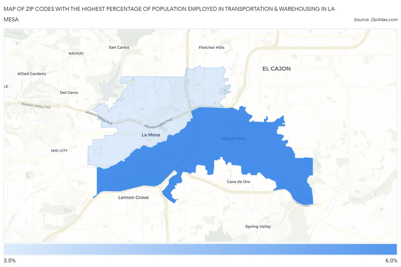 Zip Codes with the Highest Percentage of Population Employed in Transportation & Warehousing in La Mesa Map