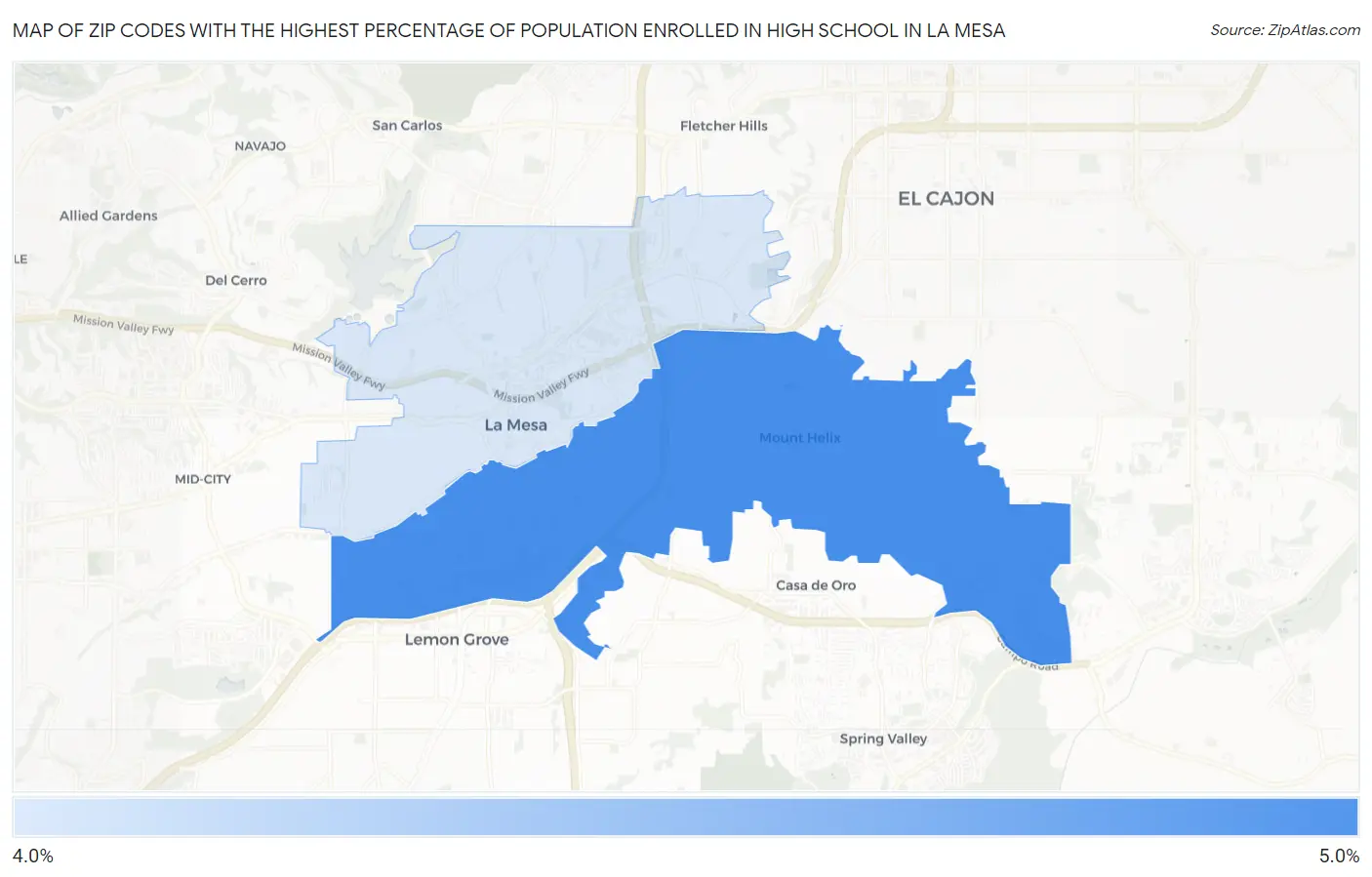 Zip Codes with the Highest Percentage of Population Enrolled in High School in La Mesa Map