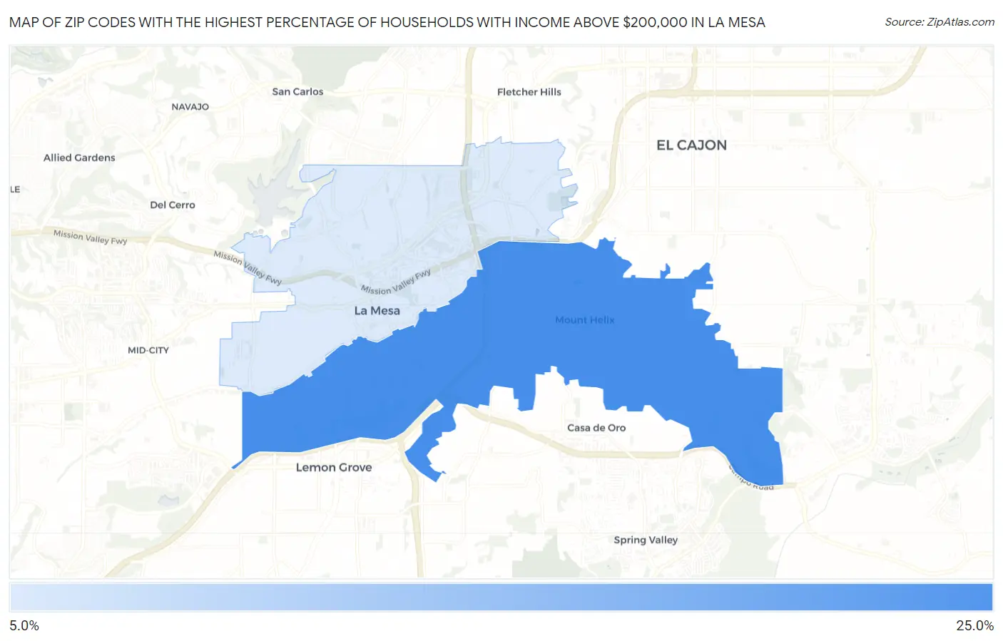 Zip Codes with the Highest Percentage of Households with Income Above $200,000 in La Mesa Map