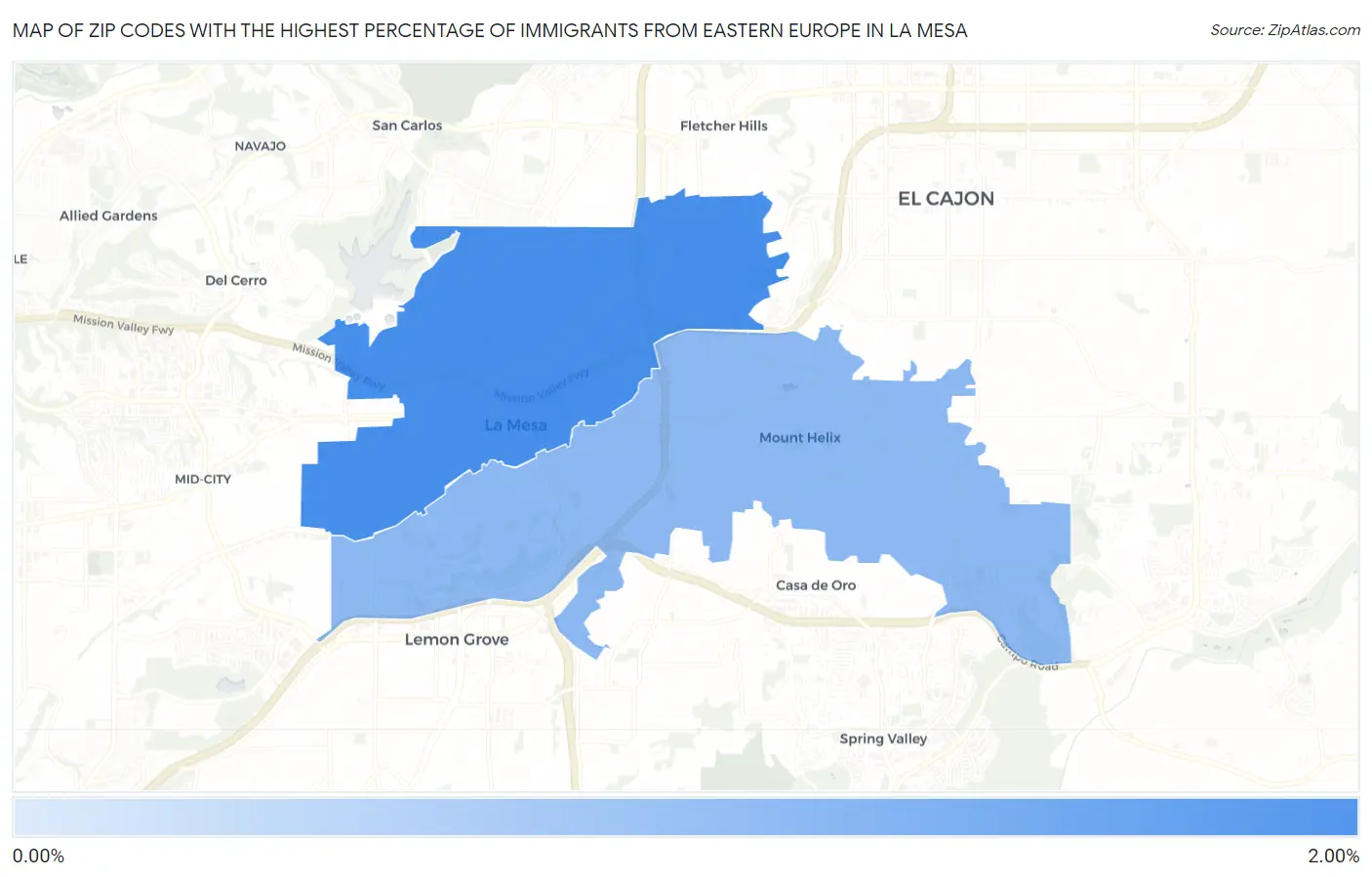 Zip Codes with the Highest Percentage of Immigrants from Eastern Europe in La Mesa Map