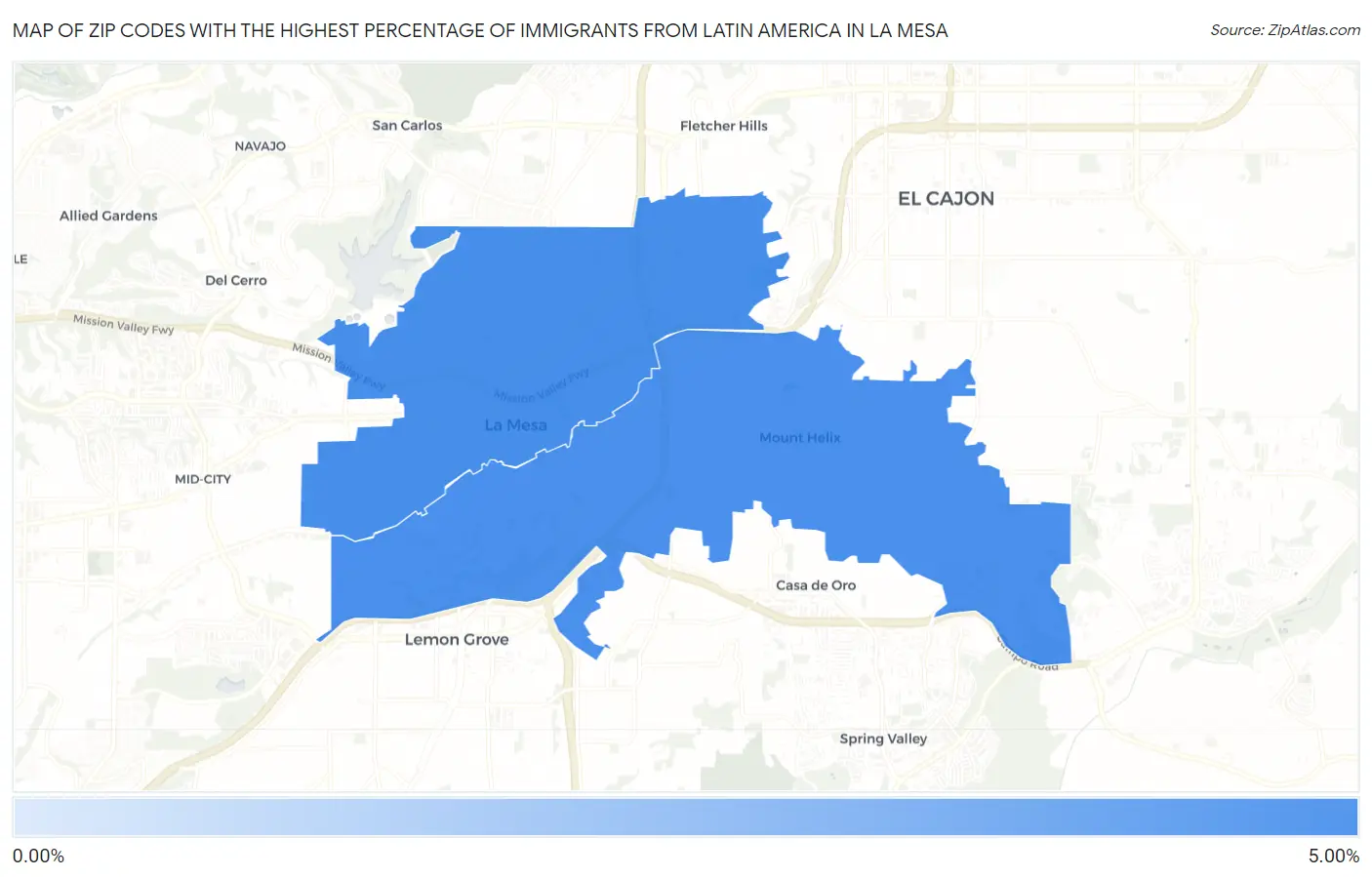 Zip Codes with the Highest Percentage of Immigrants from Latin America in La Mesa Map