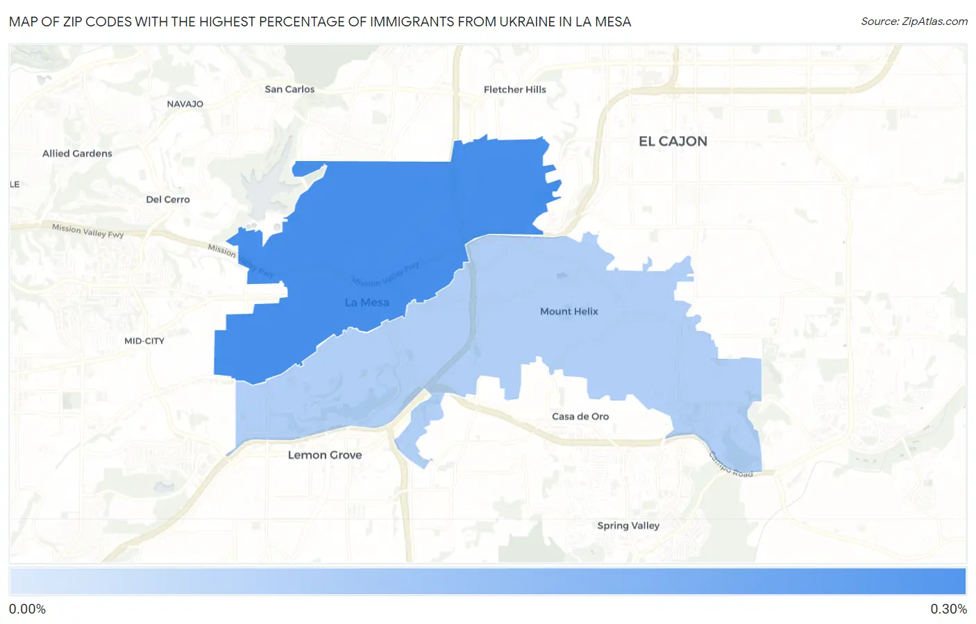 Zip Codes with the Highest Percentage of Immigrants from Ukraine in La Mesa Map