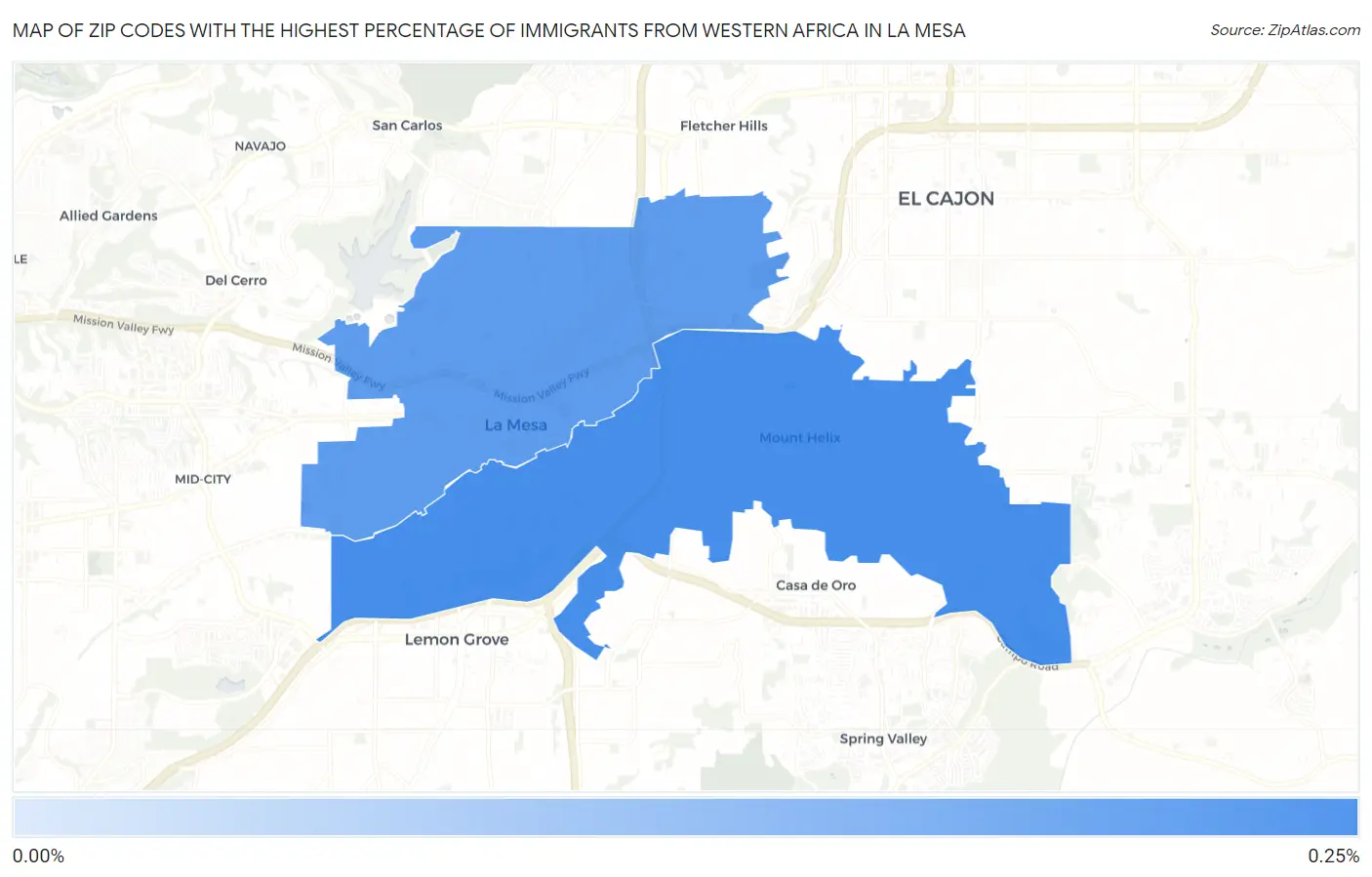 Zip Codes with the Highest Percentage of Immigrants from Western Africa in La Mesa Map