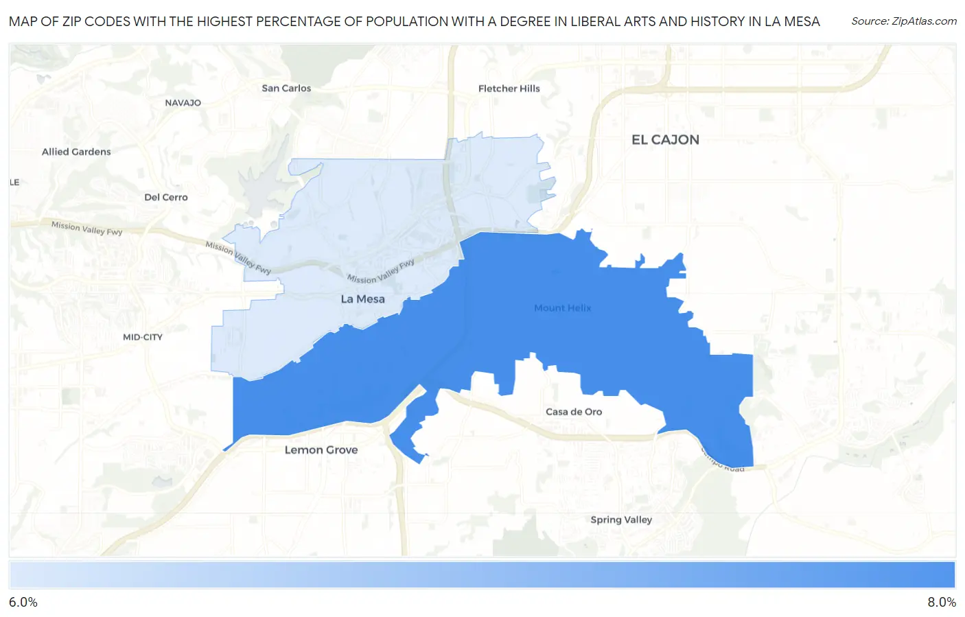 Zip Codes with the Highest Percentage of Population with a Degree in Liberal Arts and History in La Mesa Map