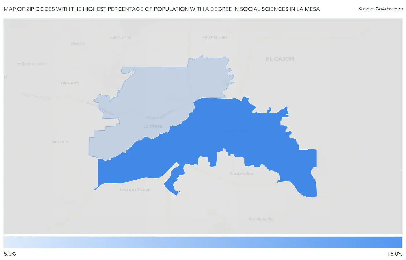 Zip Codes with the Highest Percentage of Population with a Degree in Social Sciences in La Mesa Map