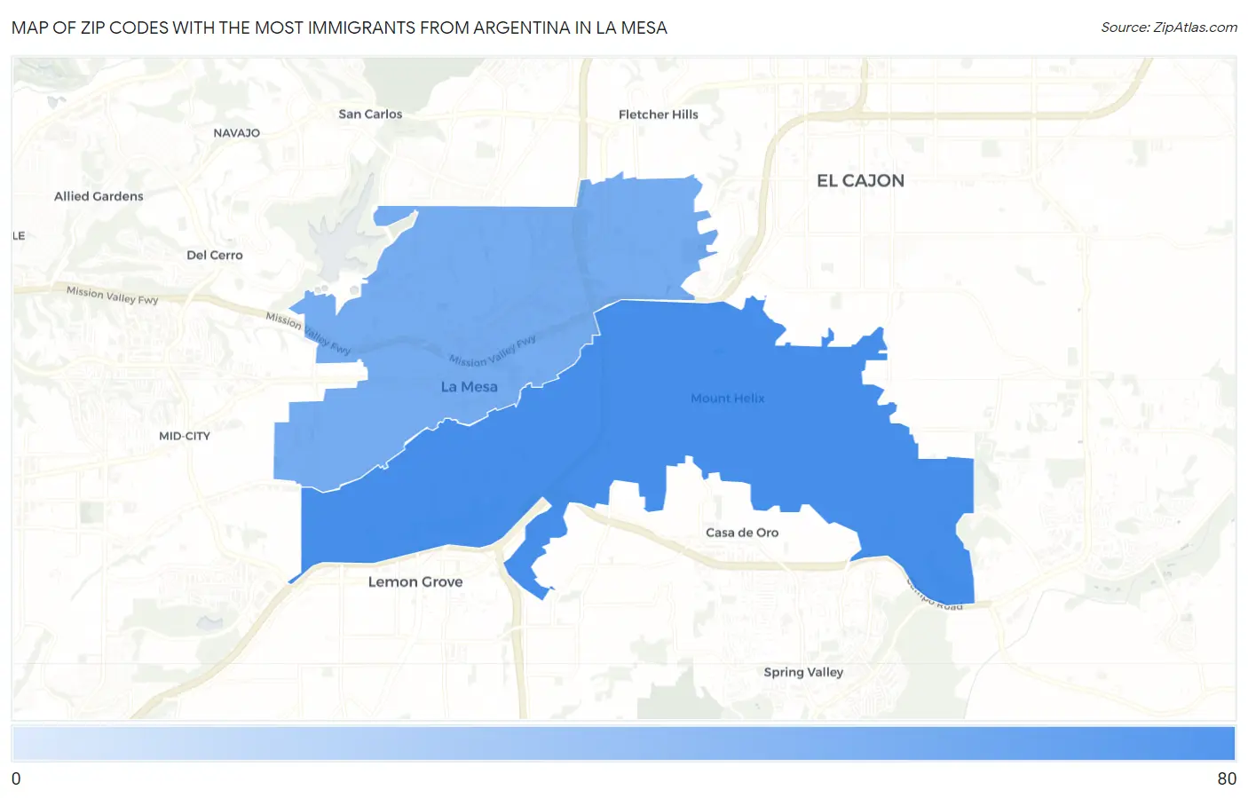 Zip Codes with the Most Immigrants from Argentina in La Mesa Map