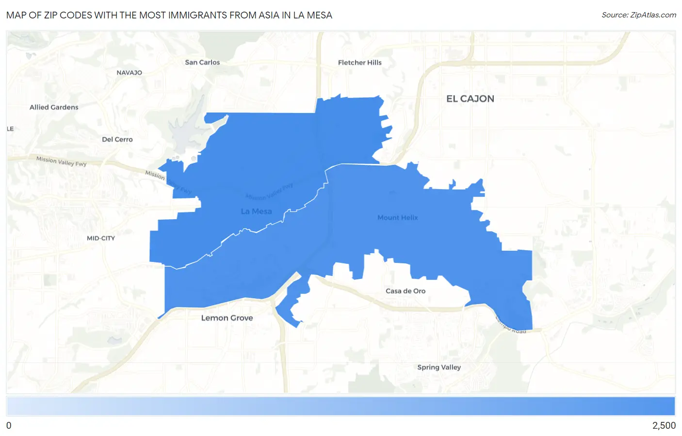 Zip Codes with the Most Immigrants from Asia in La Mesa Map