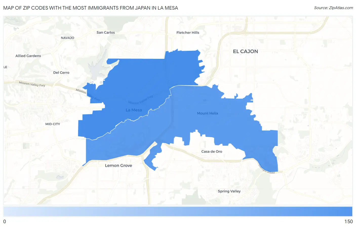 Zip Codes with the Most Immigrants from Japan in La Mesa Map