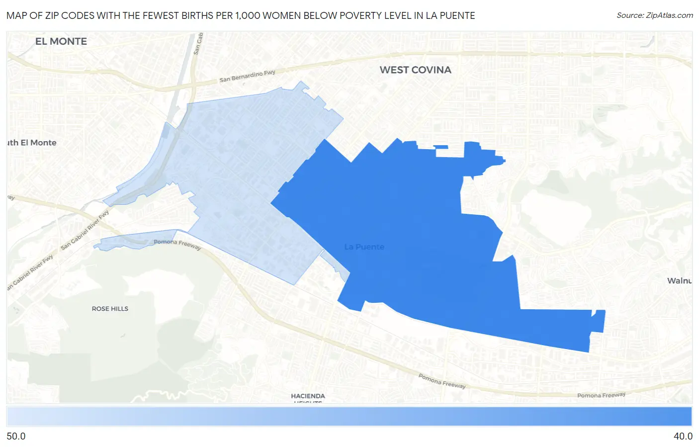 Zip Codes with the Fewest Births per 1,000 Women Below Poverty Level in La Puente Map