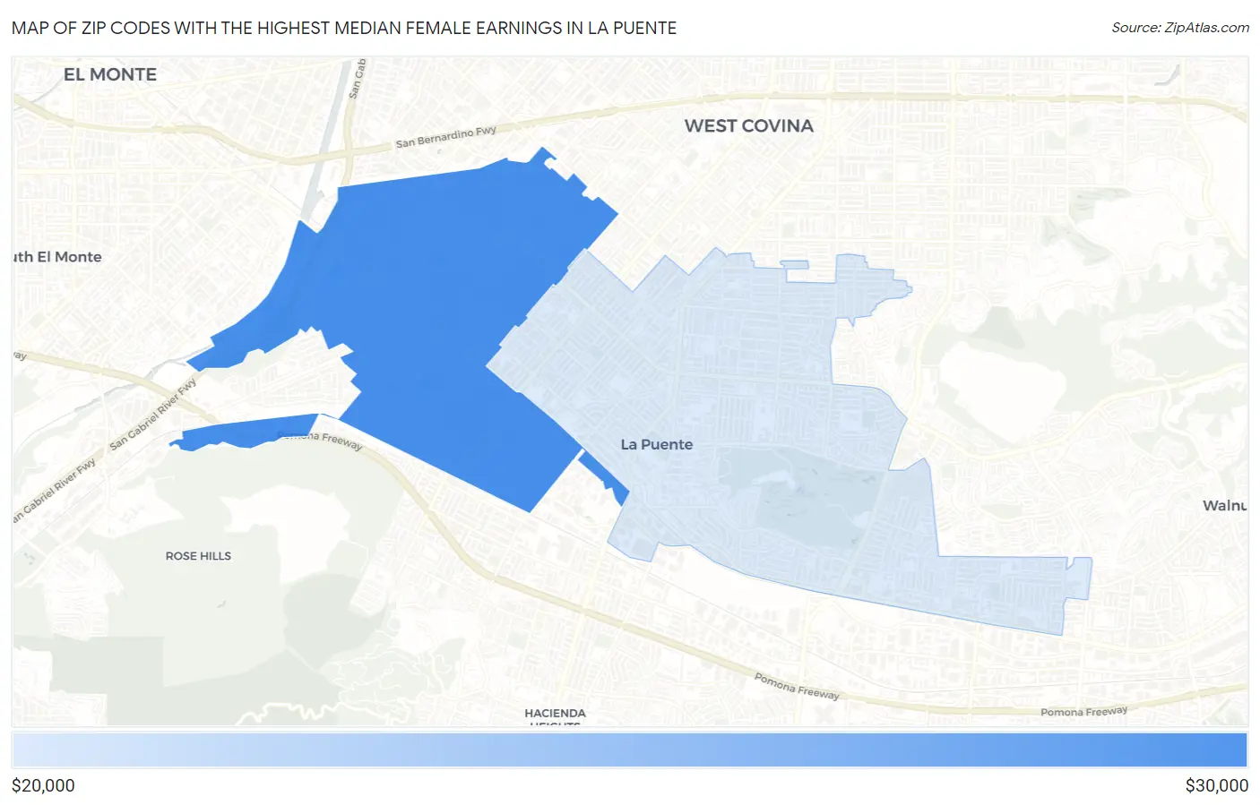 Zip Codes with the Highest Median Female Earnings in La Puente Map