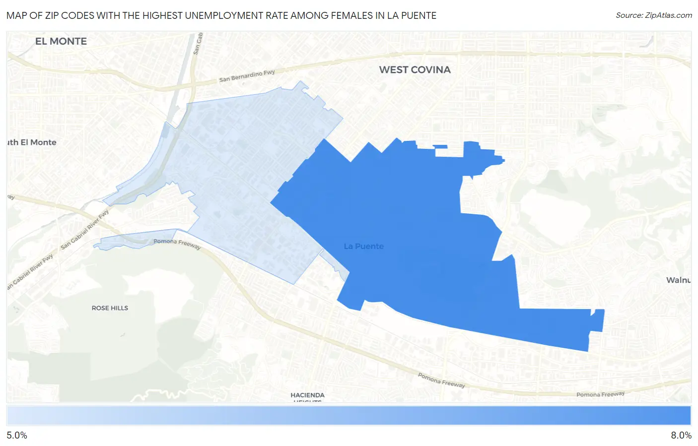 Zip Codes with the Highest Unemployment Rate Among Females in La Puente Map