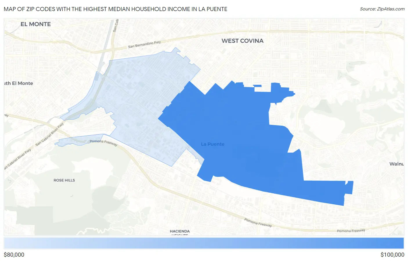 Zip Codes with the Highest Median Household Income in La Puente Map