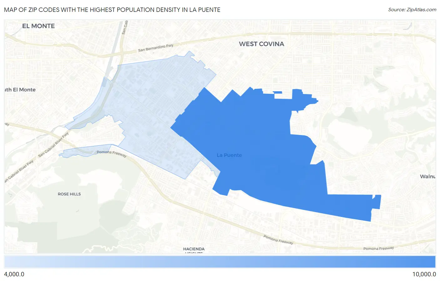 Zip Codes with the Highest Population Density in La Puente Map