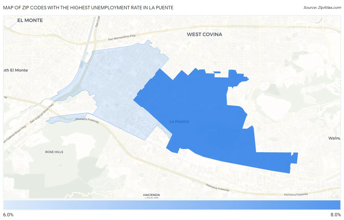 Zip Codes with the Highest Unemployment Rate in La Puente Map