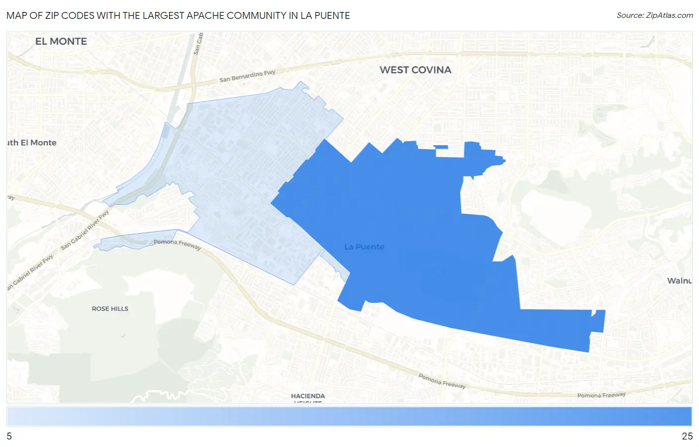 Zip Codes with the Largest Apache Community in La Puente Map