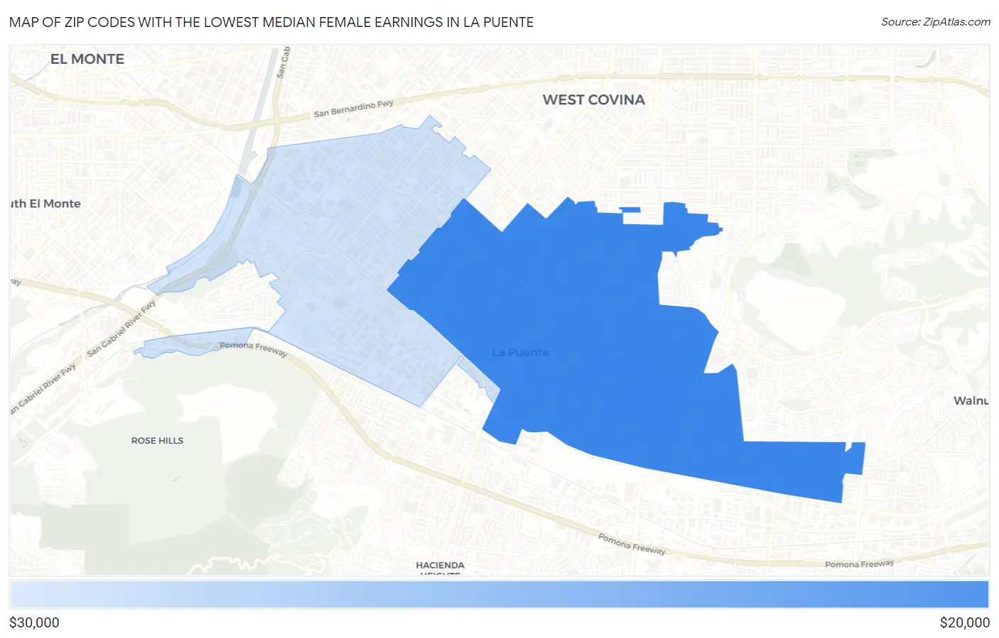 Zip Codes with the Lowest Median Female Earnings in La Puente Map